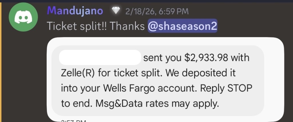 Zelle payment for ticket split — $2,933.98